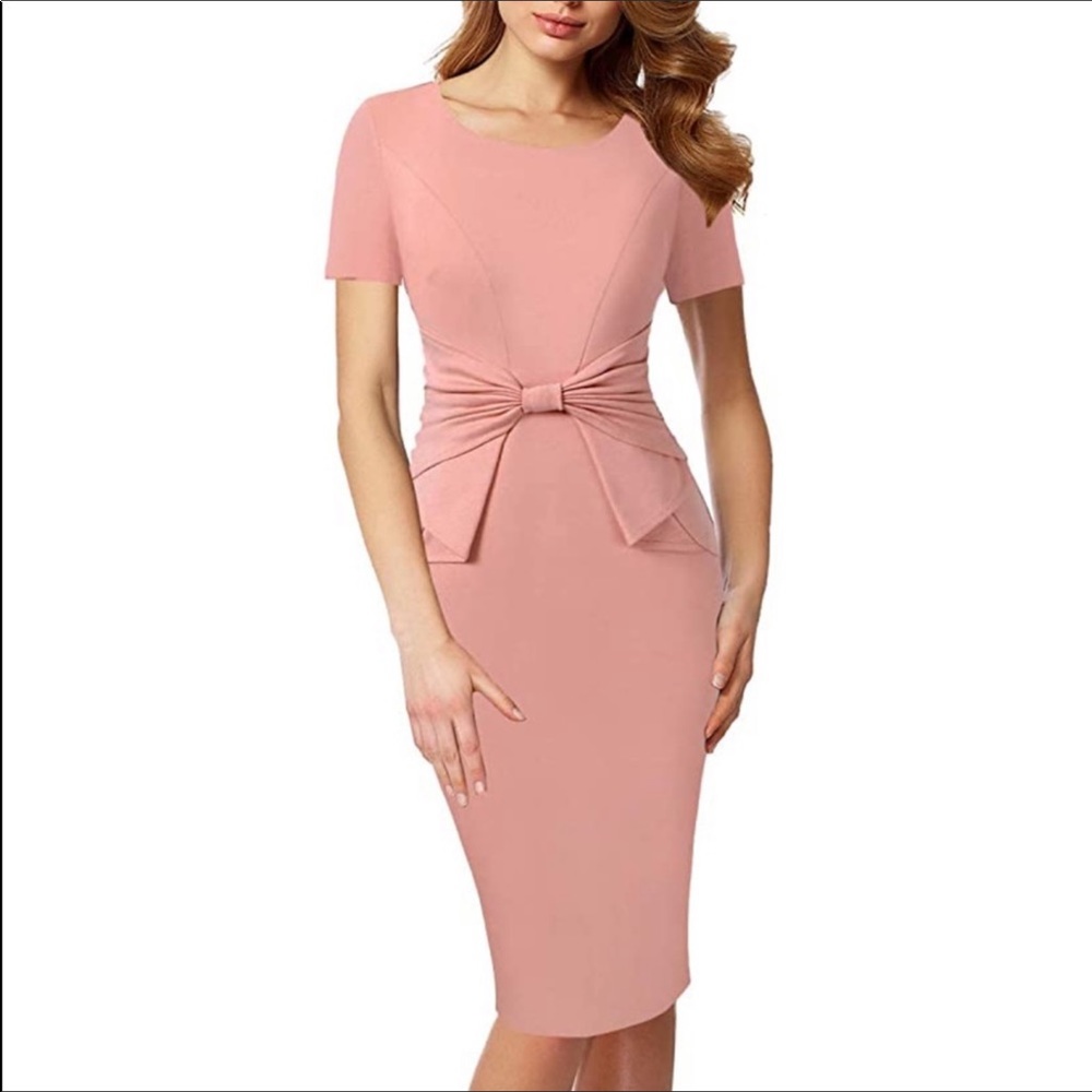 NWT bow pleat waist sheath vintage blush dress Med - Picture 4 of 10